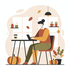 Cozy autumn remote work scene Person using a laptop surrounded by fall decor and pumpkins