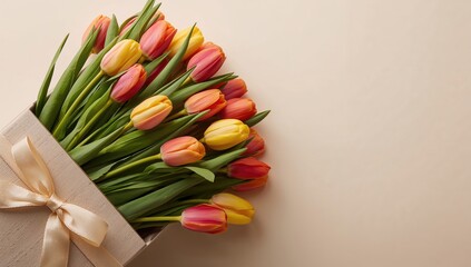 Gift box filled with colorful tulips on a plain backdrop, ideal for floral arrangements