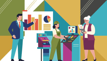 Diverse team analyzing charts and operating machinery Industrial management data and production concept