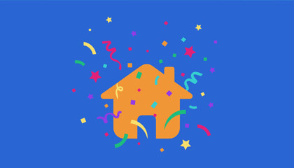 Orange house icon with colorful confetti on blue background Housing celebration or real estate party