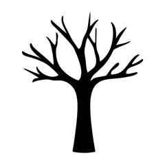 Leafless tree silhouette icon for winter or nature, Black silhouette of a bare tree without leaves, isolated on white background, ideal for nature, seasons, or environmental design themes.
