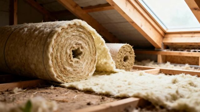 Close view of biobased insulation rolls being unrolled and fitted into a roof space highlighting natural nontoxic components designed for green building projects.