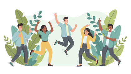 Energetic diverse team jumping happily celebrating victory and teamwork amidst foliage