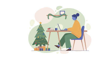 Remote work during the holidays Woman using a laptop next to a festive Christmas tree