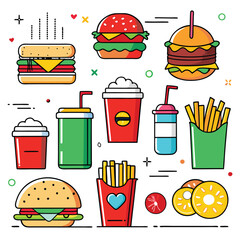 An illustration of various burger and fast-food items