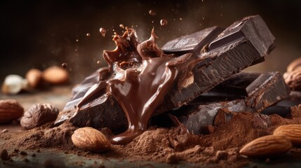 Fototapeta premium Rich melted chocolate flows over dark chocolate pieces surrounded by nuts and cocoa dust.