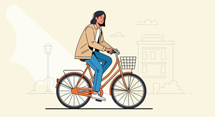 Fototapeta premium Woman riding bicycle in the city with simple background and clean linear artstyle vector
