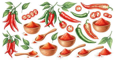 Watercolor illustration featuring red and green chili peppers, slices, powder in bowls and spoons, with leaves.