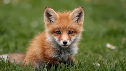 Charming young red fox cub close-up, focus on wildlife behavior