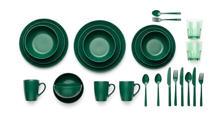 Minimalist Green Dinnerware Set: Modern Tableware Collection with Plates, Bowls, Mugs and Cutlery
