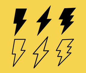 Lightning bolts yellow black electricity power outline flat