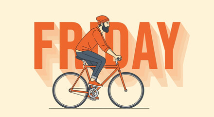 Stylized Friday illustration featuring a bearded cyclist enjoying the end of the week ride