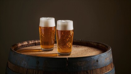 Beer served in two glasses beside a wooden barrel, showcasing a social drinking experience