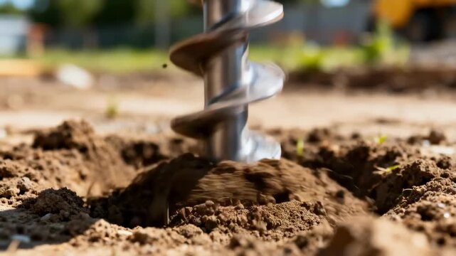 Closeup medium shot of screw anchors being rotated into the ground showcasing the helical design for enhanced deep foundation stability.