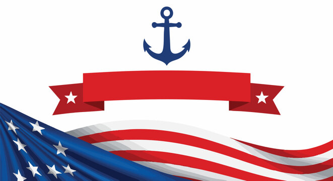 Patriotic American flag design featuring a blue anchor icon and a blank red banner with stars, perfect for national holidays or naval themes