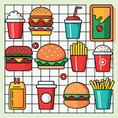 An illustration of various burger and fast-food items