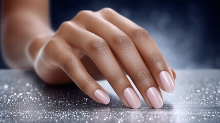 Elegant hand with soft pink nails resting on a shiny surface