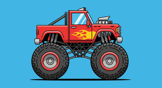 Cartoonish monster truck illustration with vibrant red body and flame decals for kids entertainment