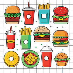 An illustration of various burger and fast-food items