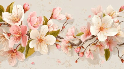 Delicate pink and white cherry blossoms adorn a graceful branch reflecting the joy of spring.