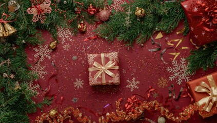 Christmas decals on a red background, festive decoration theme