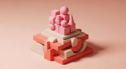 Abstract Geometric Composition with Cubes and Spheres Minimalist Design Pastel Color Palette 3D Rendered Pile of Shapes