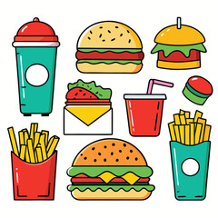 An illustration of various burger and fast-food items