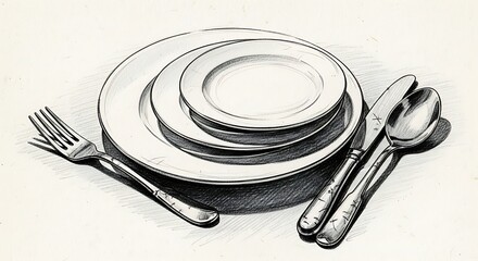 Sketch of Table Setting Dinnerware Arrangement Graphite Utensils Plate Fork Knife Spoon Hand Drawn Culinary Art