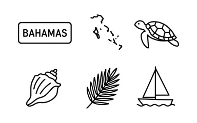Obraz premium Minimalist line drawings of bahamas icons: turtle, map, shell, leaf, sailboat