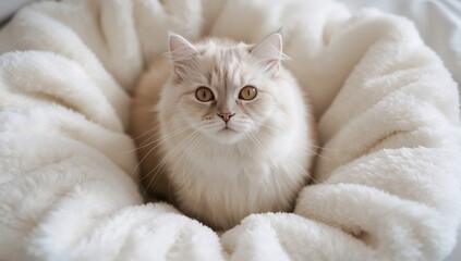 Obraz premium Feline resting on soft, fluffy white blankets