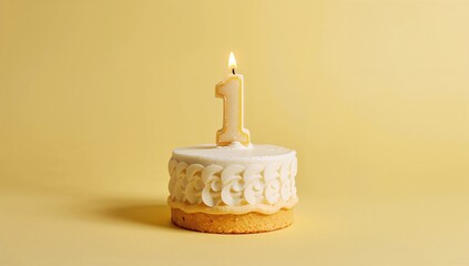 Birthday cake featuring a number one candle set against a vibrant yellow background, childhood celebration theme
