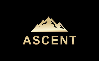 Ascent peak mountain logo design, abstract nature adventure vector with summit symbol, hiking expedition, success journey and outdoor travel landscape concept