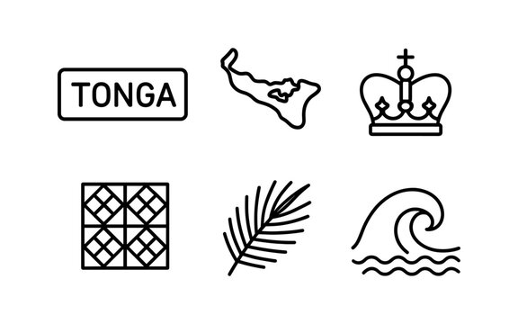 Collection of tonga icons: map, crown, wave, palm, and pattern in linear style