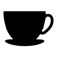 Bold black silhouette of a teacup and saucer on a white background