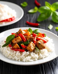 Tofu stir-fry with red peppers and basil served over white rice on a white plate