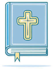 Obraz premium Cartoon Book Illustration with Cross Symbol Icon, Religious Christian Reading Material with Ribbon, Christian Symbolism