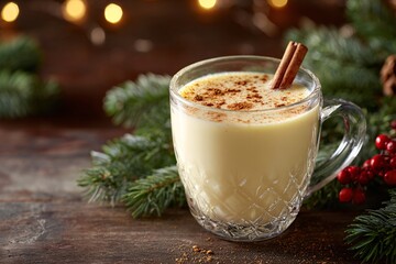 Vintage glass mug filled with creamy eggnog and cinnamon sticks