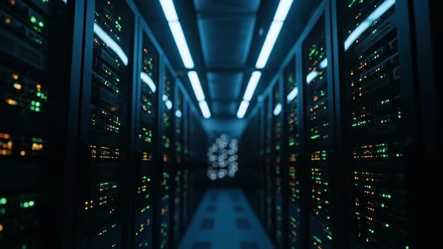4K Video of a data center server room with rows of illuminated racks, representing technology and innovation