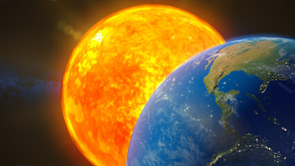 3D illustration of planet Earth and the Sun in outer space with visible continents and atmosphere. 3D rendering. Elements of this image courtesy of NASA.