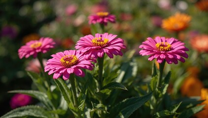 Obraz premium Bright pink zinnia blossoms thriving amidst rich green foliage under sunlight