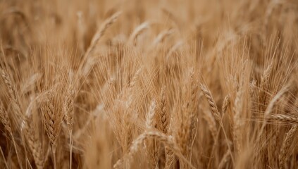 Fototapeta premium Crops of wheat ears, showcasing ripening grains in a warm summer field, agricultural abundance