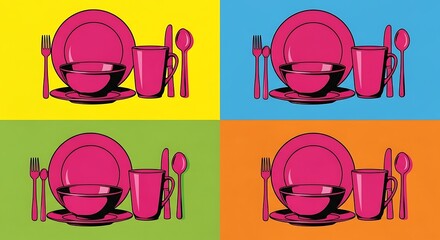 Vibrant Pop Art Dinnerware:  Bold Pink Plates and Bowl With Utensils Set Against Retro Color Grid, Modern Kitchen Aesthetic