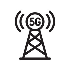 5G Antenna Tower Icon, Solid Line Telecommunication Network Signal Symbol for Mobile Internet Speed.