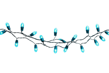 Blue Glowing Christmas Lights Garland, Isolated on Transparent Background. Festive Blue Holiday Lights Decoration, Transparent PNG.