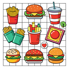 An illustration of various burger and fast-food items
