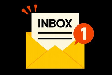 Bright yellow envelope overflowing with a paper document labeled inbox with a notification bubble showing the number one
