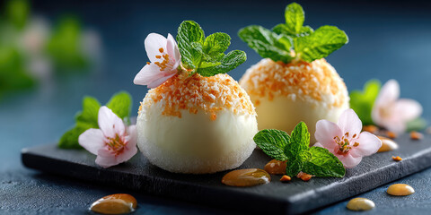 Japanese mochi ice cream on a black plate, showcasing chewy rice dough, creamy fillings and fresh mint and flower garnishes, elegant studio presentation with dark background