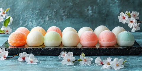 Assorted mochi ice cream scoops in pastel shades decorating a dark slate serving board, contrasting with delicate white cherry blossoms and decorative pearls