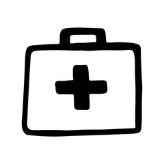 Hand Drawn First Aid Kit Box with Cross Isolated on White