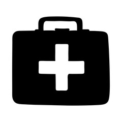 Obraz premium Black silhouette of first aid kit with medical cross, Simple black icon of a medical first aid kit with a cross symbol, representing emergency care, health, safety, and medical supplies. 